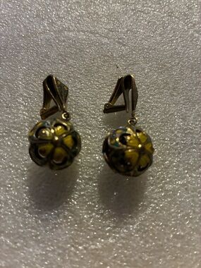 Gold-Tone Yellow Enamel Filigree Drop Earrings